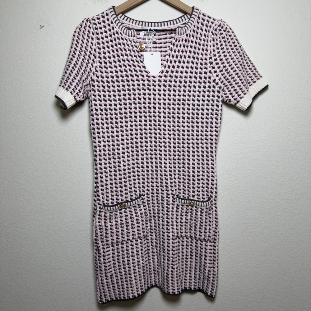 NEW Fate Women Tweed Mod Mini Dress 8 Pink Grey Short Sleeve Knit Gold Buttons